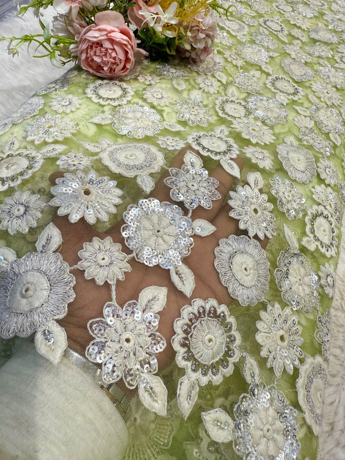 Mint Green Chikankari Net Embroidery 44 inch width