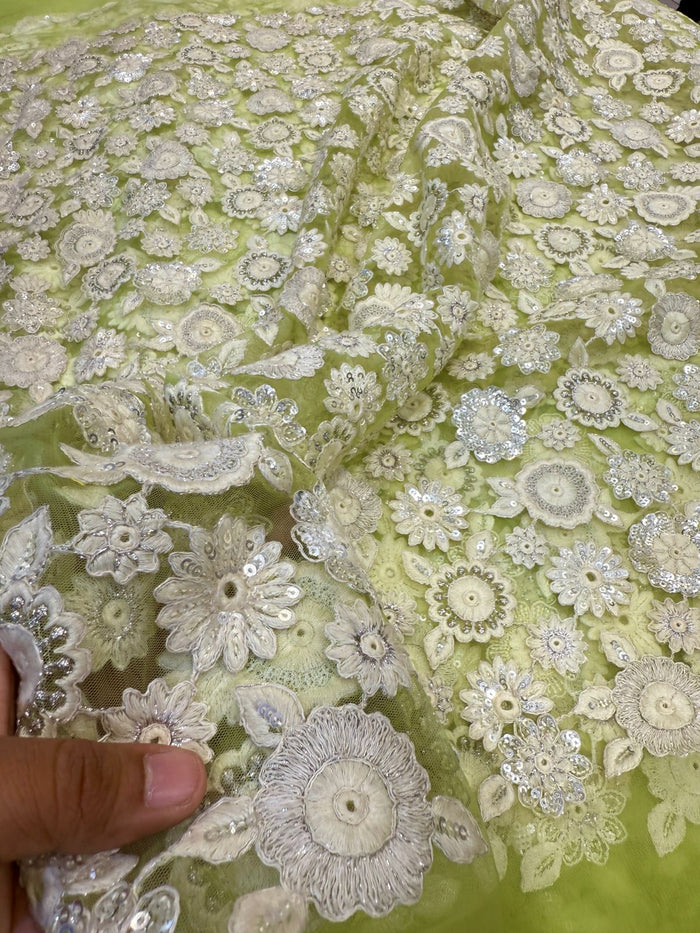 Mint Green Chikankari Net Embroidery 44 inch width