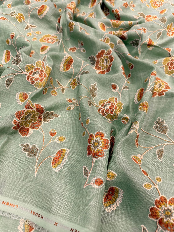 mint Green Linen Floral Embroidery 44 inch width