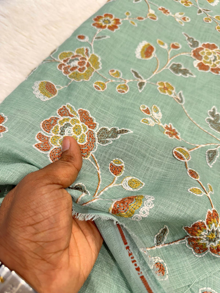 mint Green Linen Floral Embroidery 44 inch width
