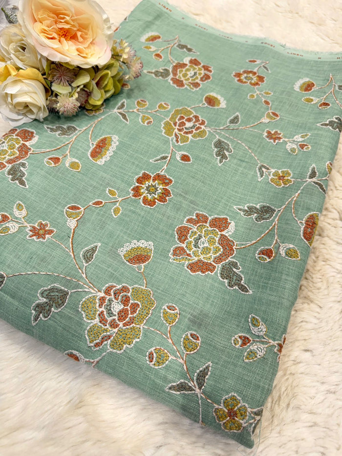 mint Green Linen Floral Embroidery 44 inch width
