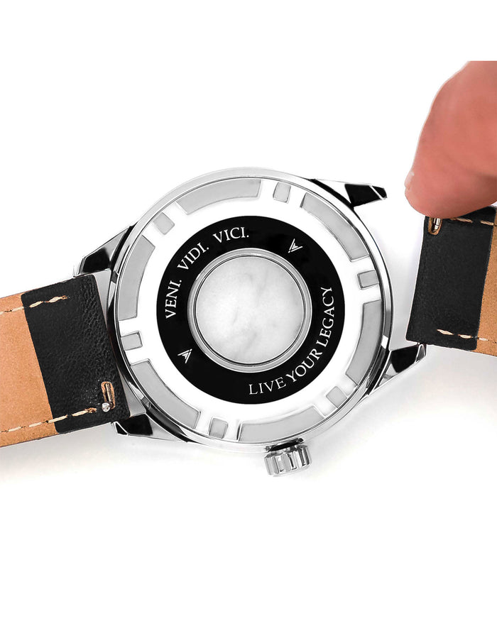 Italian Marble and 316L Stainless Steel Caseback with Veni Vidi Vici Live Your Legacy Engraving