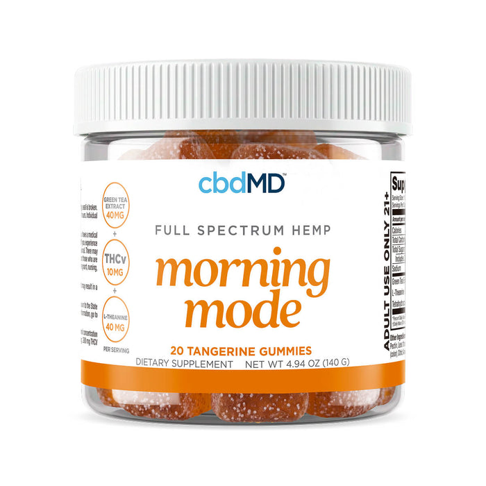 cbdMD Morning Mode Full Spectrum Hemp Tangerine Gummies in a clear plastic jar.