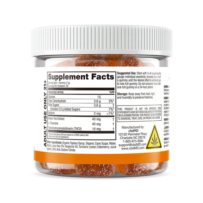 Supplement Facts label for cbdMD Morning Mode Gummies featuring 10mg THCv.