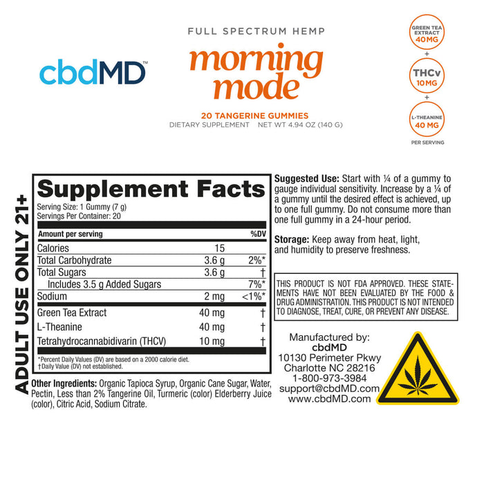 Supplement Facts label for cbdMD Morning Mode Tangerine Gummies with 10mg THCv.