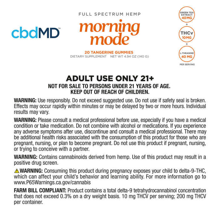 cbdMD Morning Mode Tangerine Gummies supplement facts and warnings label.