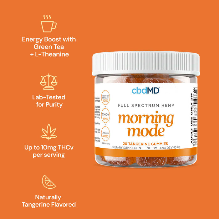 cbdMD Morning Mode Full Spectrum Hemp Tangerine Gummies with 10mg THCv per serving.