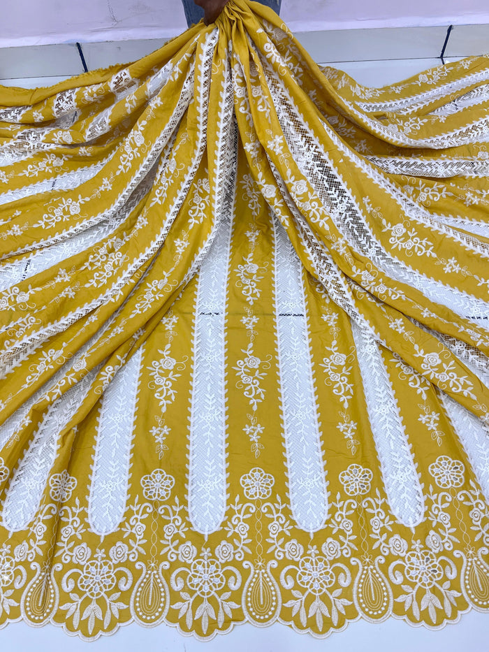 Mustard Rayon Cotten Cutwork Embroidery Daaman Design 48 inch width