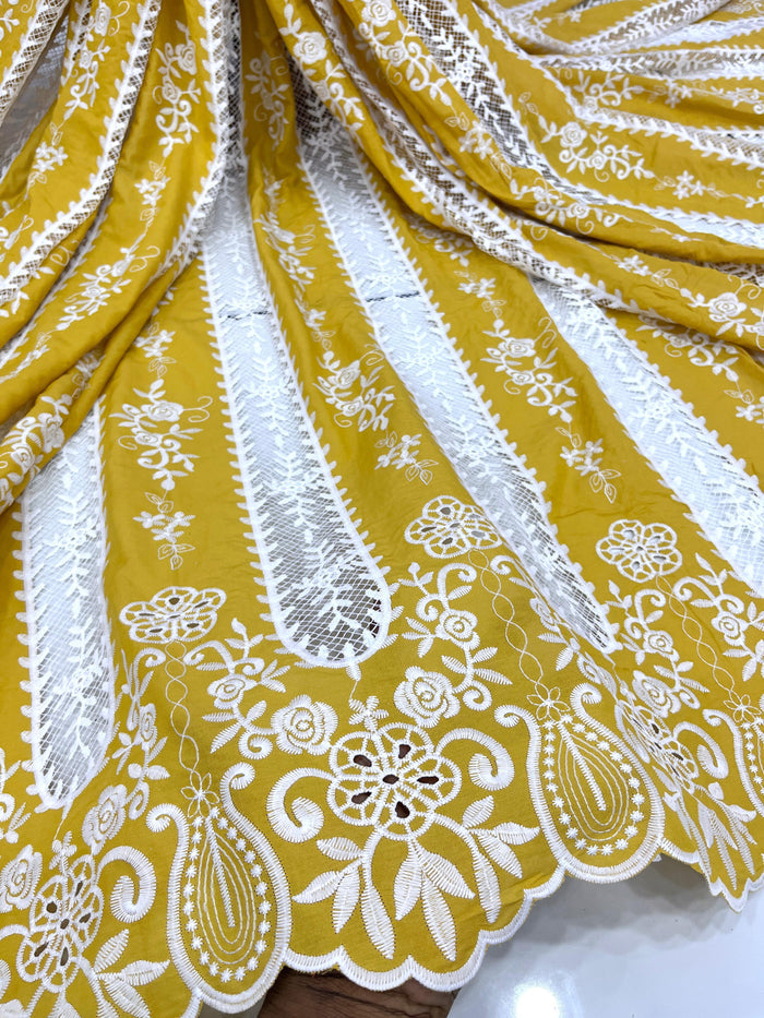 Mustard Rayon Cotten Cutwork Embroidery Daaman Design 48 inch width