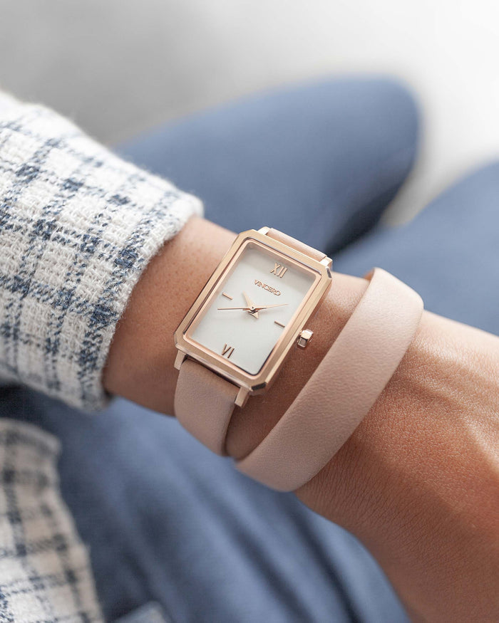 Women's Luxury Mist Italian Natural Leather Double Watch Band Strap Rose Gold Clasp