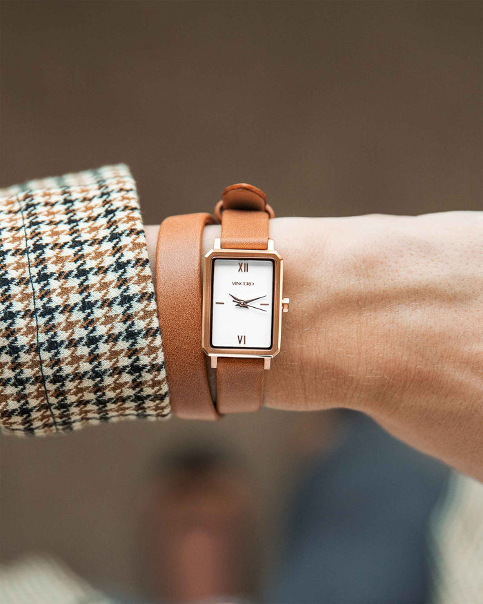 Women's Luxury Saddle Brown Italian Natural Leather Double Watch Band Strap Rose Gold Clasp