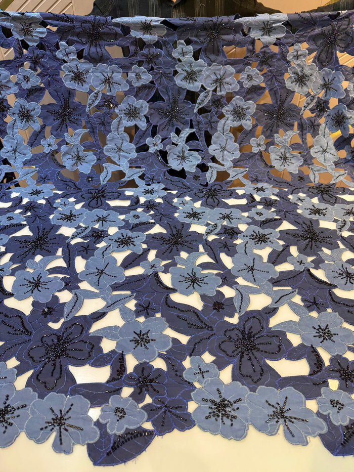 Navy Blue Imported Crape Cutwork With Handwork Embroidery 50 inch width