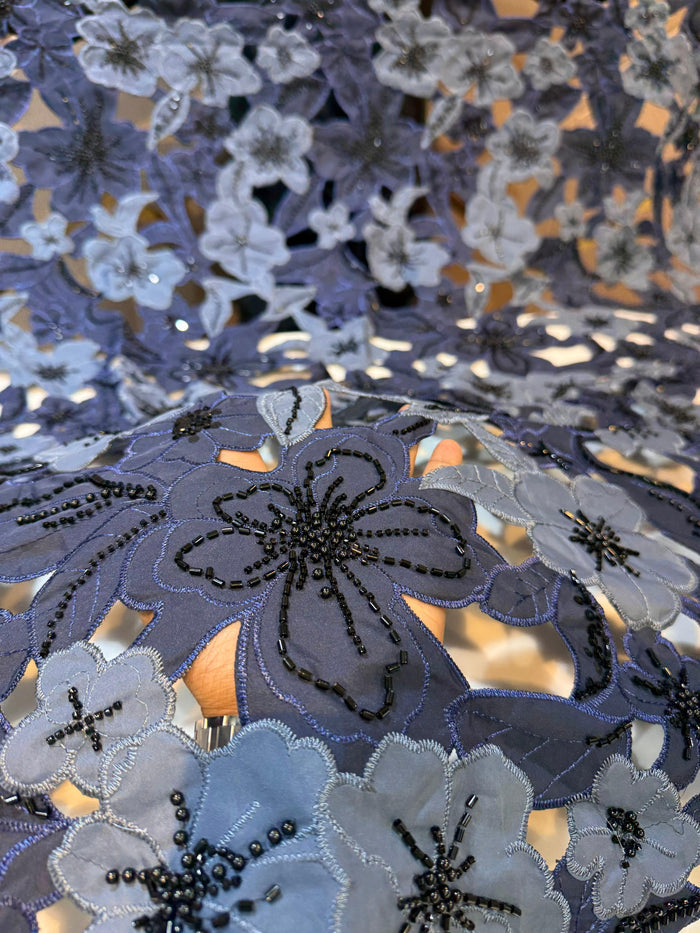 Navy Blue Imported Crape Cutwork With Handwork Embroidery 50 inch width