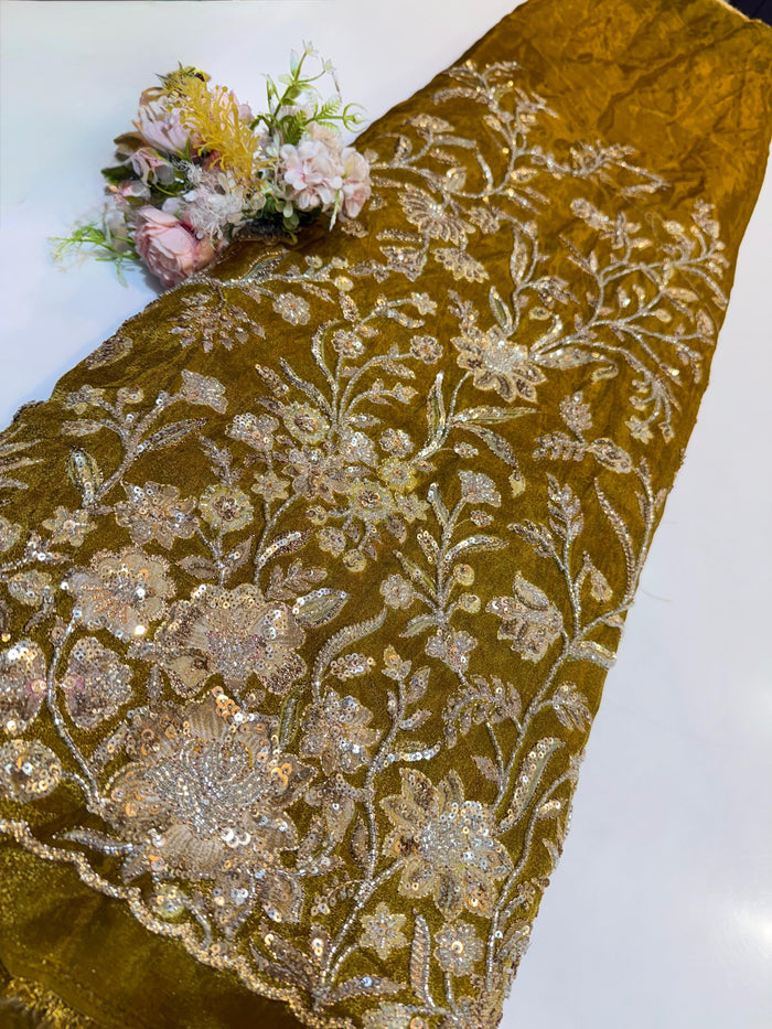 Olive Green Pure Tissue Handwork Embroidery 48 inch width
