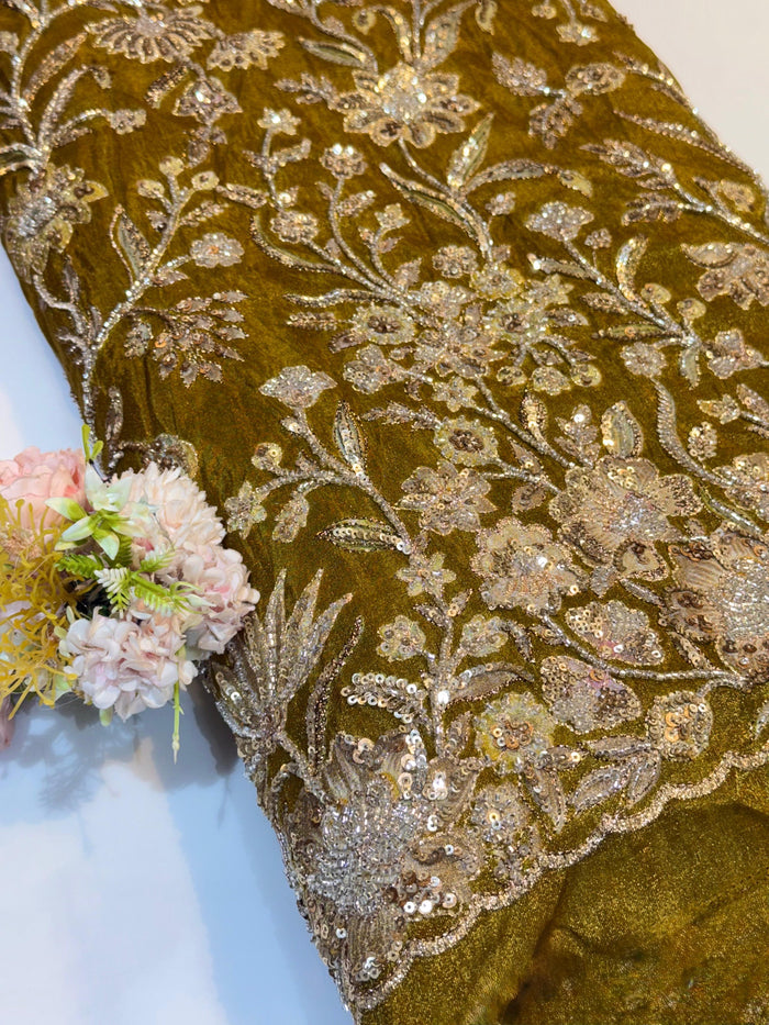 Olive Green Pure Tissue Handwork Embroidery 48 inch width