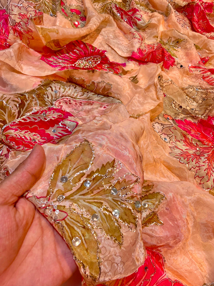 Peach Satin Organza  Floral Real Mirror Handwork  44 inch width