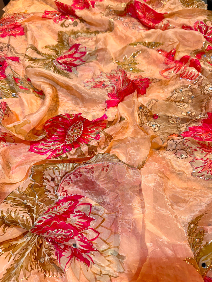 Peach Satin Organza  Floral Real Mirror Handwork  44 inch width