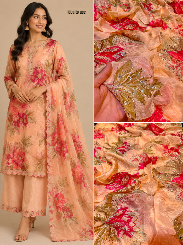 Peach Satin Organza  Floral Real Mirror Handwork  44 inch width