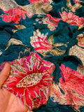 Peacock Blue Satin Organza  Floral Real Mirror Handwork  44 inch width