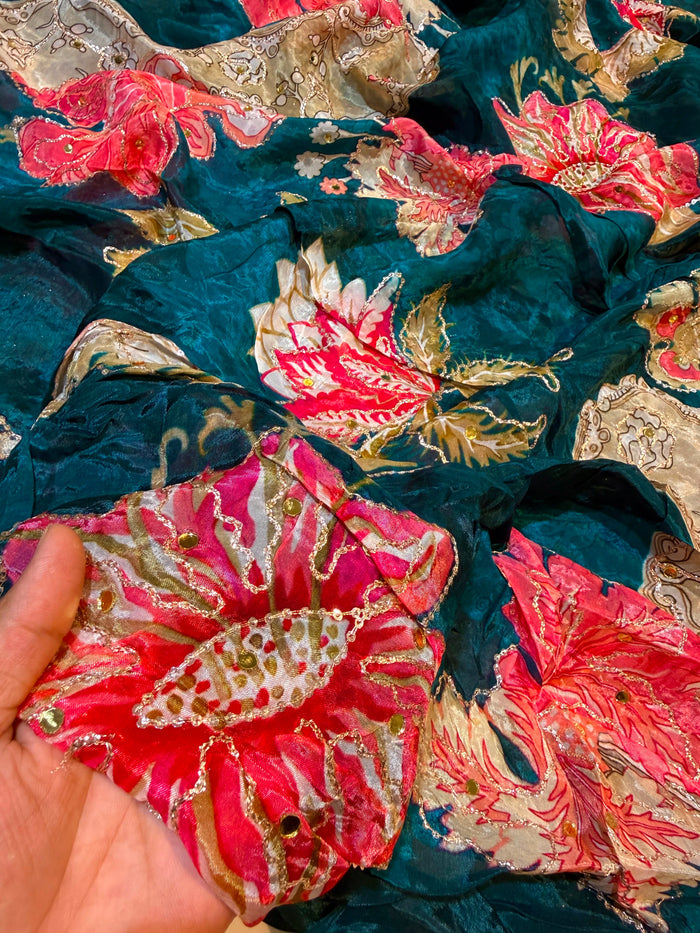 Peacock Blue Satin Organza  Floral Real Mirror Handwork  44 inch width