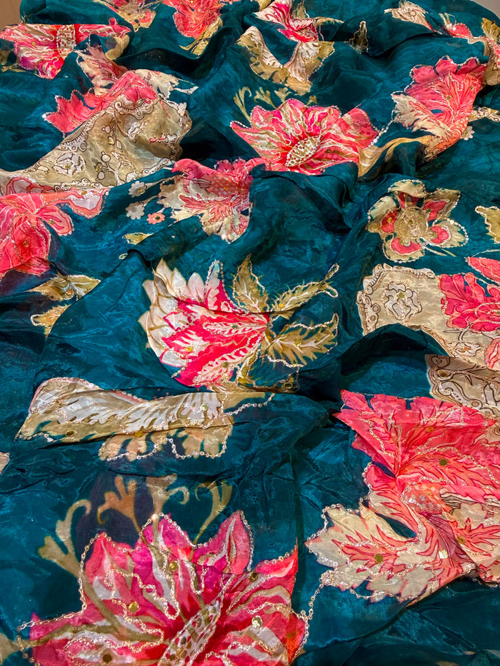 Peacock Blue Satin Organza  Floral Real Mirror Handwork  44 inch width