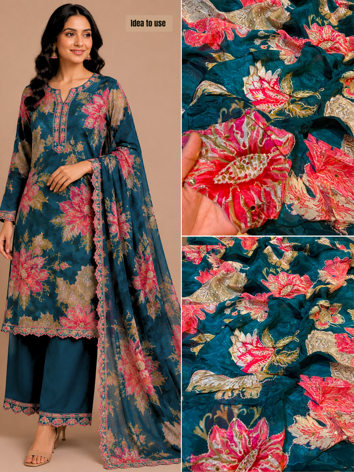 Peacock Blue Satin Organza  Floral Real Mirror Handwork  44 inch width
