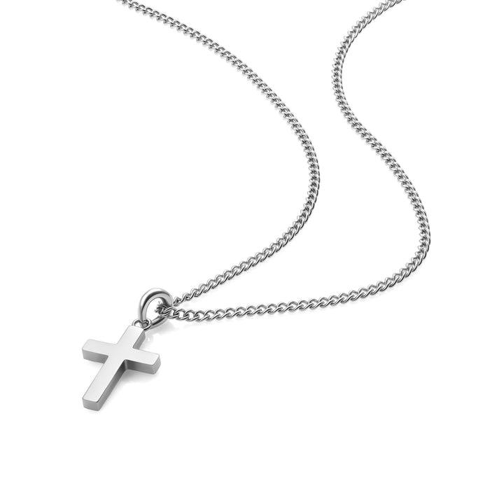 Silver cross necklace on a white background
