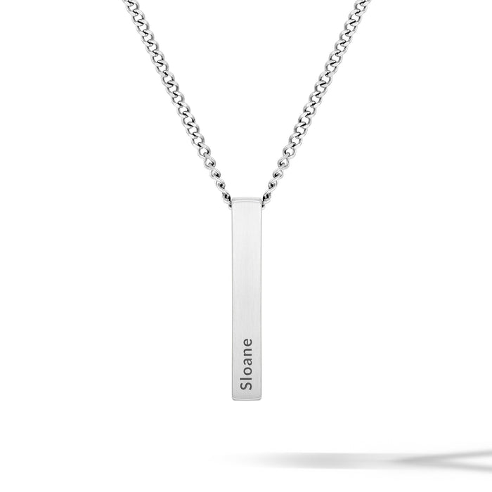 Silver necklace with a vertical bar pendant on a white background