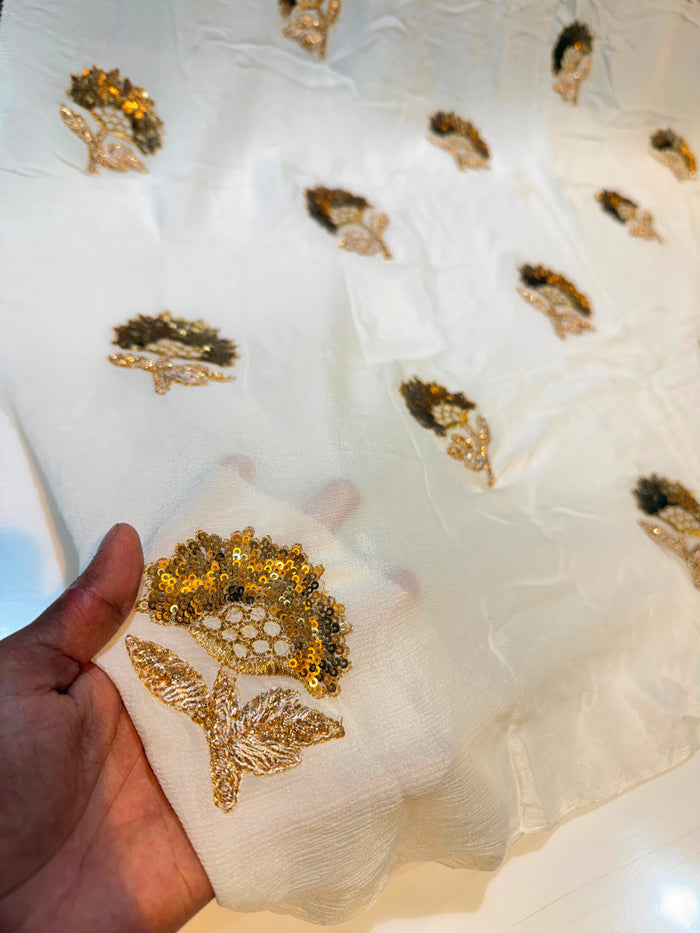 (Precut of 1 Meter) Pure Chinon Embroidery Boota Design 44 inch width