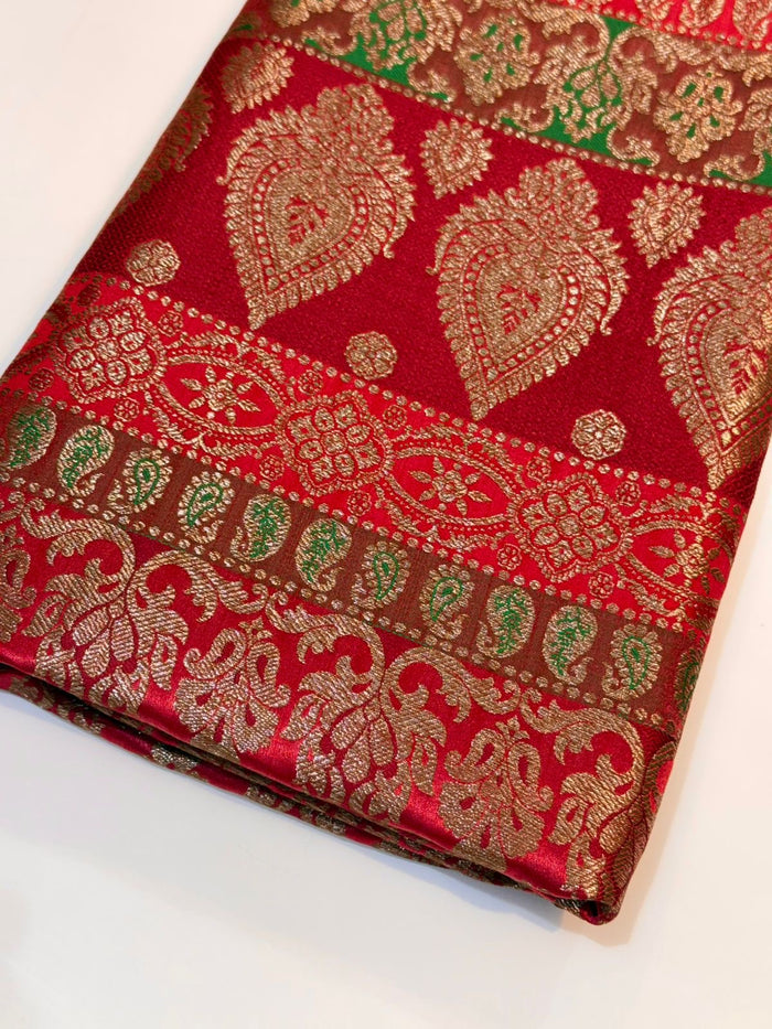 (Precut of 1.15 Meter) Red Pure Banarasi Silk Brocades Ancient Pattern 44 inch Width (P)
