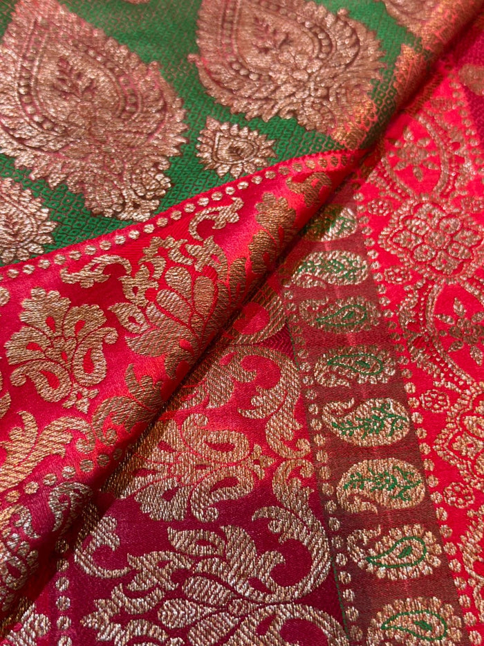 (Precut of 1.15 Meter) Red Pure Banarasi Silk Brocades Ancient Pattern 44 inch Width (P)