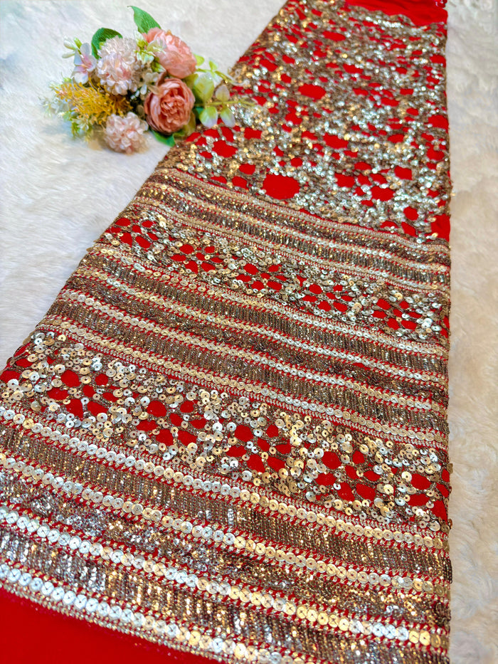 (Precut of 1.50 Meter) Red Georgette Sequins Embroidery With Heavy Daaman 50 Inch Width