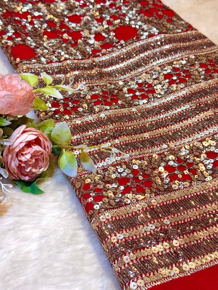 (Precut of 1.50 Meter) Red Georgette Sequins Embroidery With Heavy Daaman 50 Inch Width