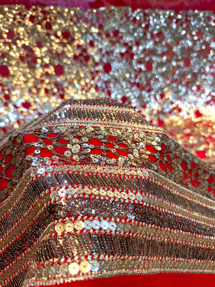 (Precut of 1.50 Meter) Red Georgette Sequins Embroidery With Heavy Daaman 50 Inch Width