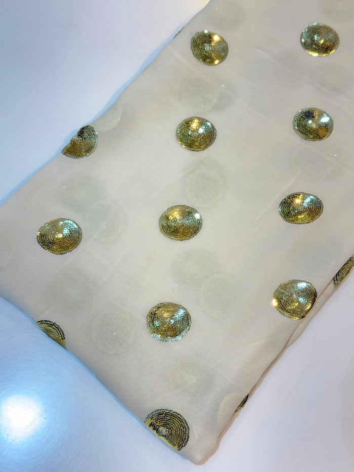(Precut of 2.10 Meter) White Georgette Thread and Sequins Embroidery 44 Inch Width