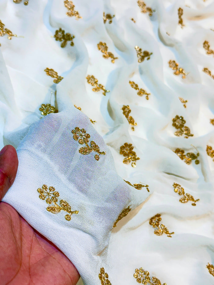 (Precut of 4.5 Meter) White Pure Viscose Georgette Booti Embroidery 44 inch width