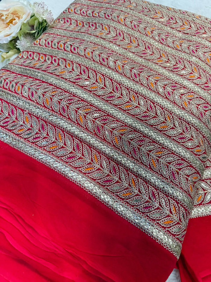 Red Georgette Stripe Embroidery 44 inch width