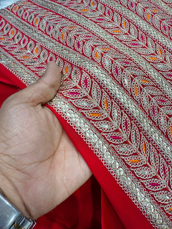 Red Georgette Stripe Embroidery 44 inch width