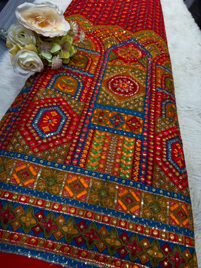 Red Pure Georgette Embroidery With Threadwork 48 inch width