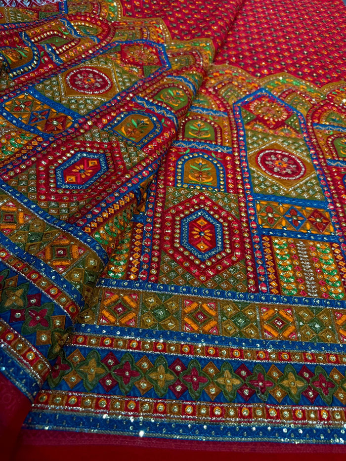 Red Pure Georgette Embroidery With Threadwork 48 inch width