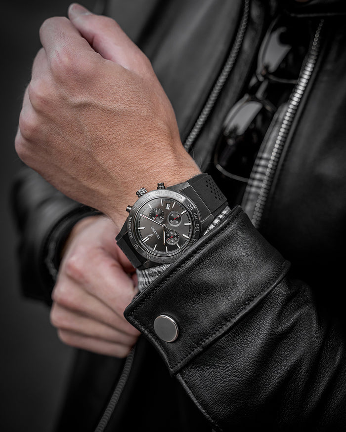 Rogue Black Silicone Strap Gunmetal Watch Face Gunmetal Case Clasp White and Red Accents