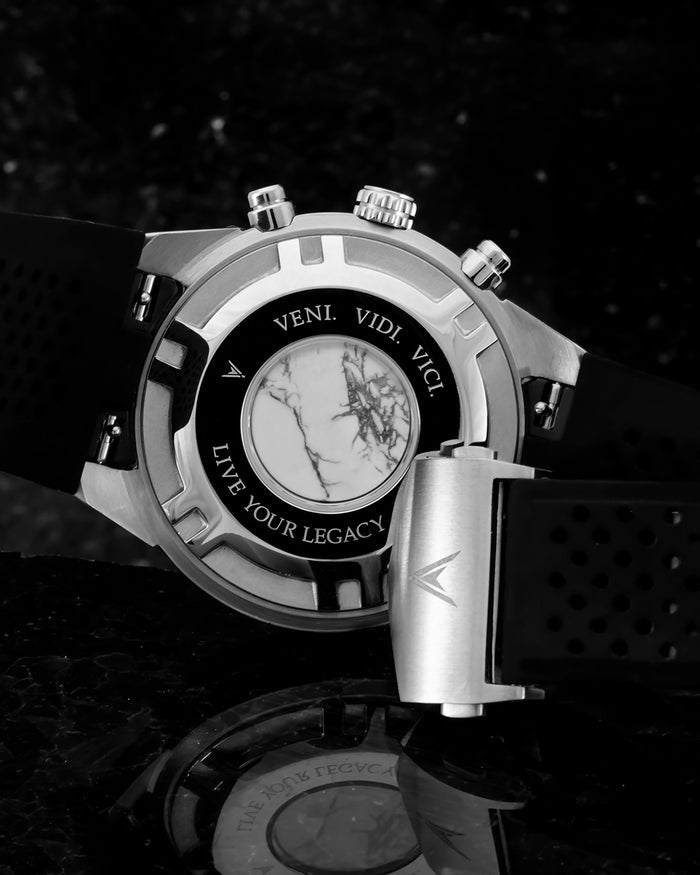 Rogue Italian Marble and 316L Stainless Steel Caseback with Veni Vidi Vici Live Your Legacy Engraving