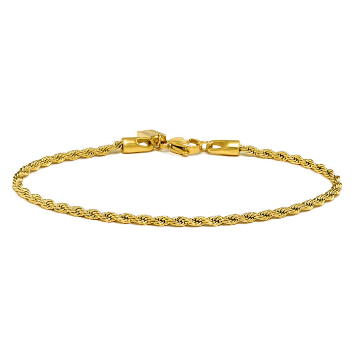 Gold rope chain bracelet on a white background