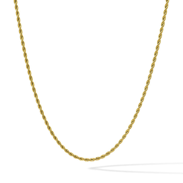Gold rope chain necklace on a white background