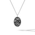 Silver necklace with an oval pendant featuring a rose design on a white background