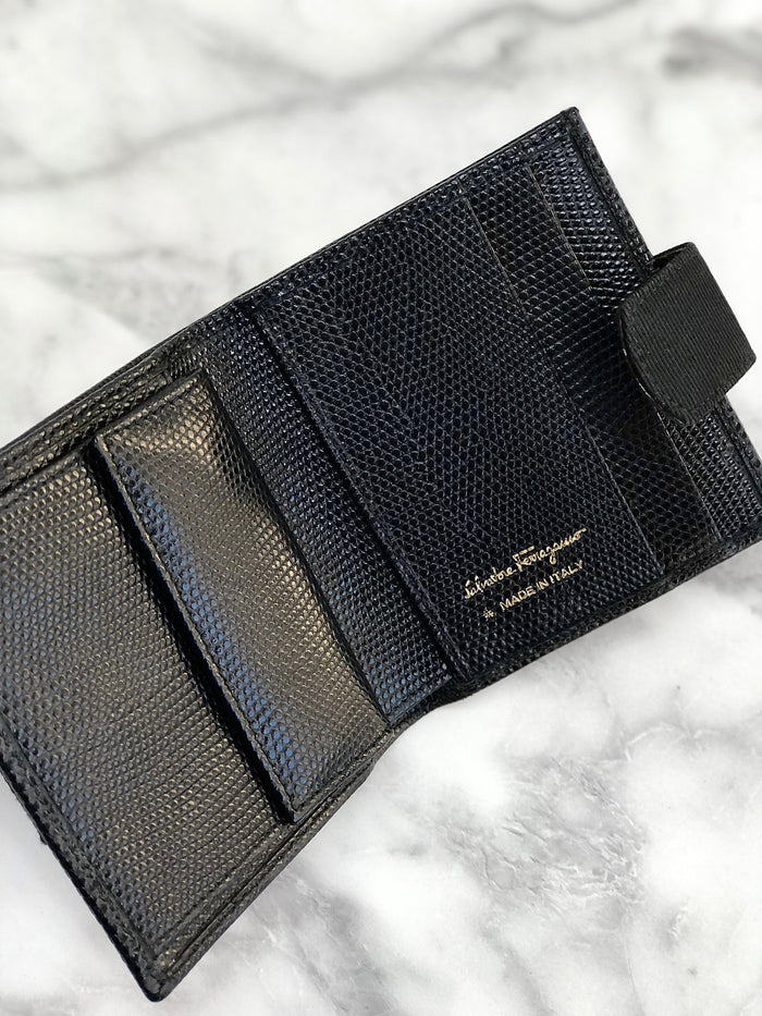 Salvatore Ferragamo Vala ribbon Lizard Compact Wallet Black Vintage Old pkww8m