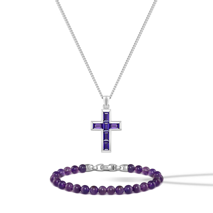 Silver cross pendant with purple accents and a matching bracelet on a white background