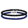 Two beaded bracelets, one black and one blue, on a white background.