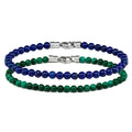 Two beaded bracelets, one blue and one green, with silver clasps on a white background.