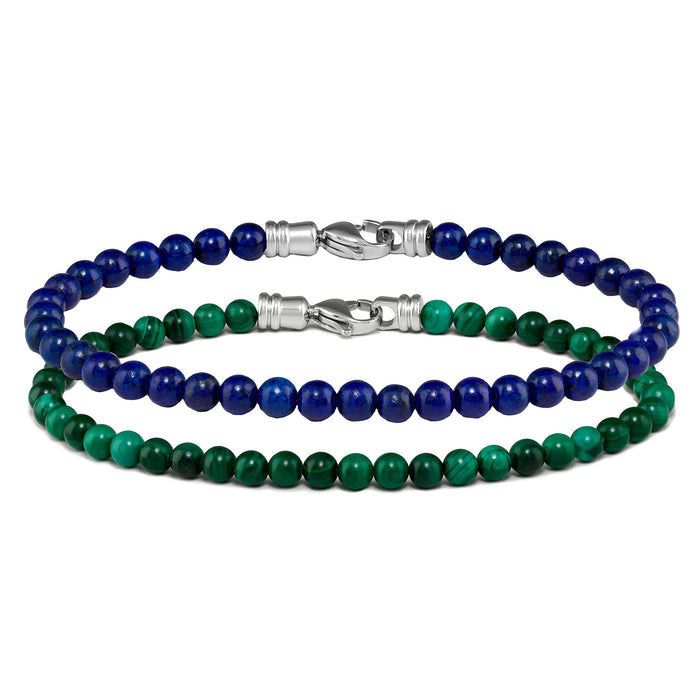 Two beaded bracelets, one blue and one green, with silver clasps on a white background.